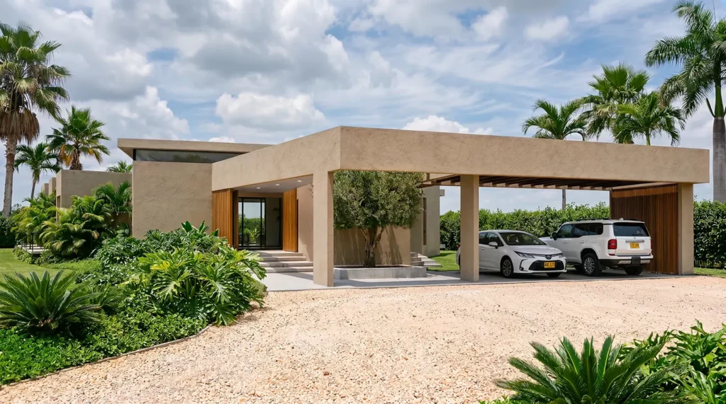 Fachada frontal de una casa de El Legado Urbano con parqueadero cubierto y jardin tropical