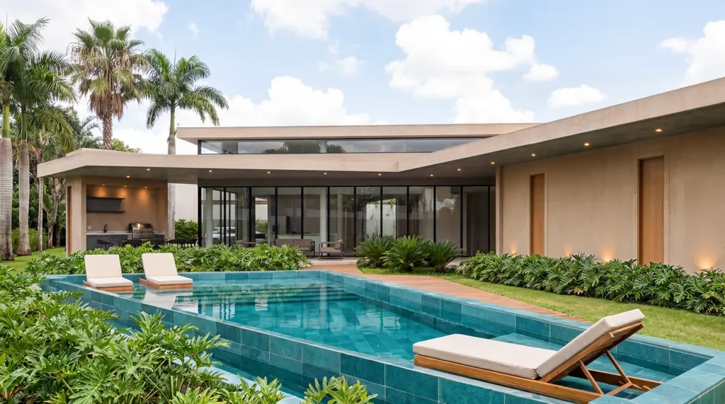 Casa de El Legado Urbano vista desde la piscina, con terraza cubierta y cocina exterior