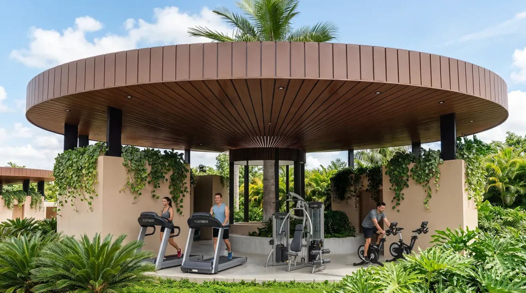 Gimnasio al aire libre bajo cubierta circular de madera, rodeado de vegetacion