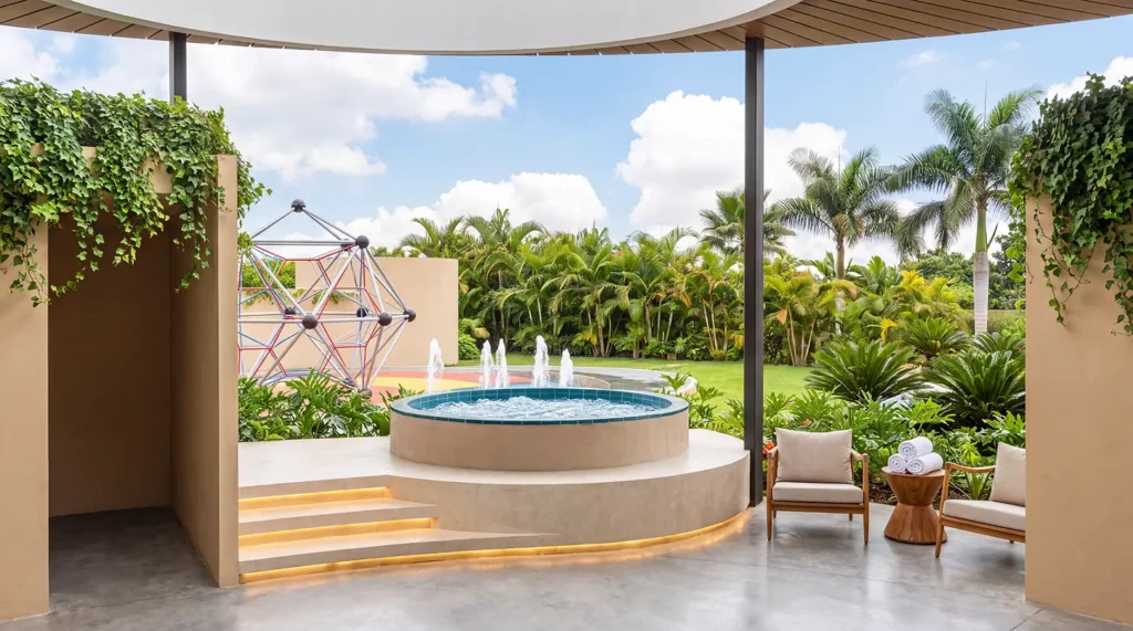 Jacuzzi circular de la zona wellness con fuentes de agua y vegetacion tropical
