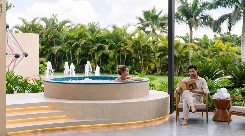 Pareja descansando en el jacuzzi y la zona de lectura de la zona wellness