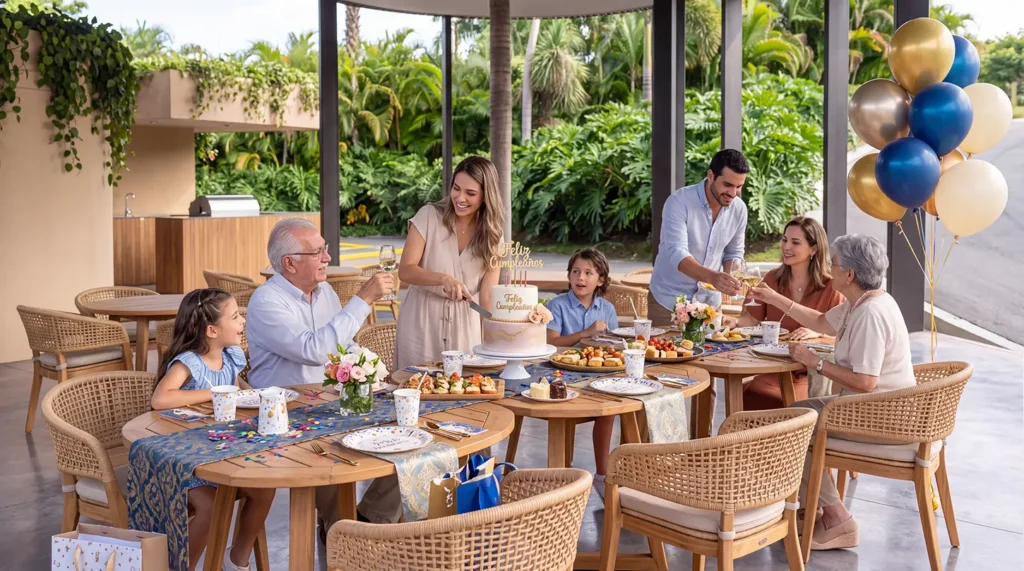 Tres generaciones de una familia celebrando un cumpleanos en el salon social