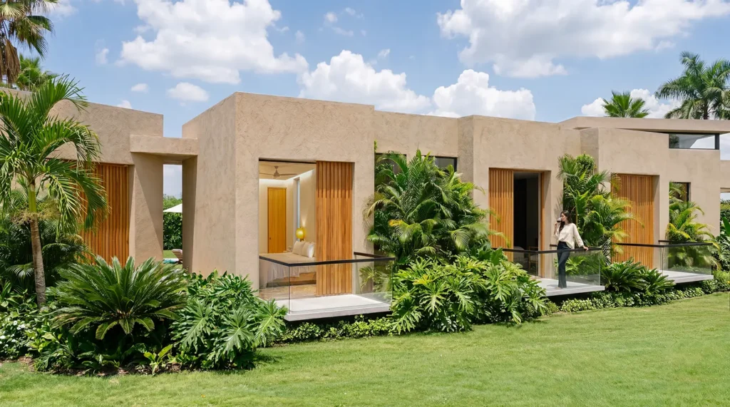 Fachada de las habitaciones con terrazas privadas y jardin
