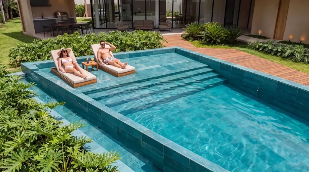 Familia disfrutando la piscina privada de una casa de El Legado Urbano