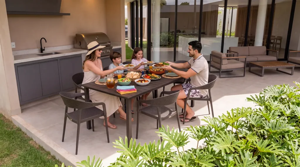 Familia disfrutando la piscina privada de una casa de El Legado Urbano
