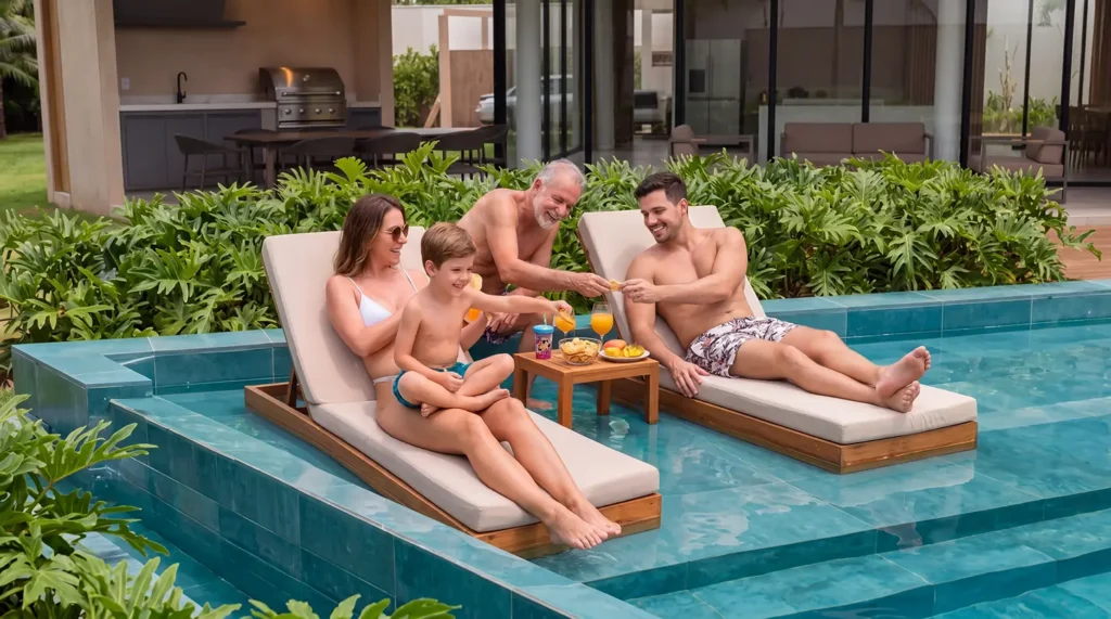 Familia disfrutando la piscina privada de una casa de El Legado Urbano